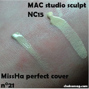 comparaison de la bb creme missha n°21 à la couleur des fonds de teint MAC NC 15