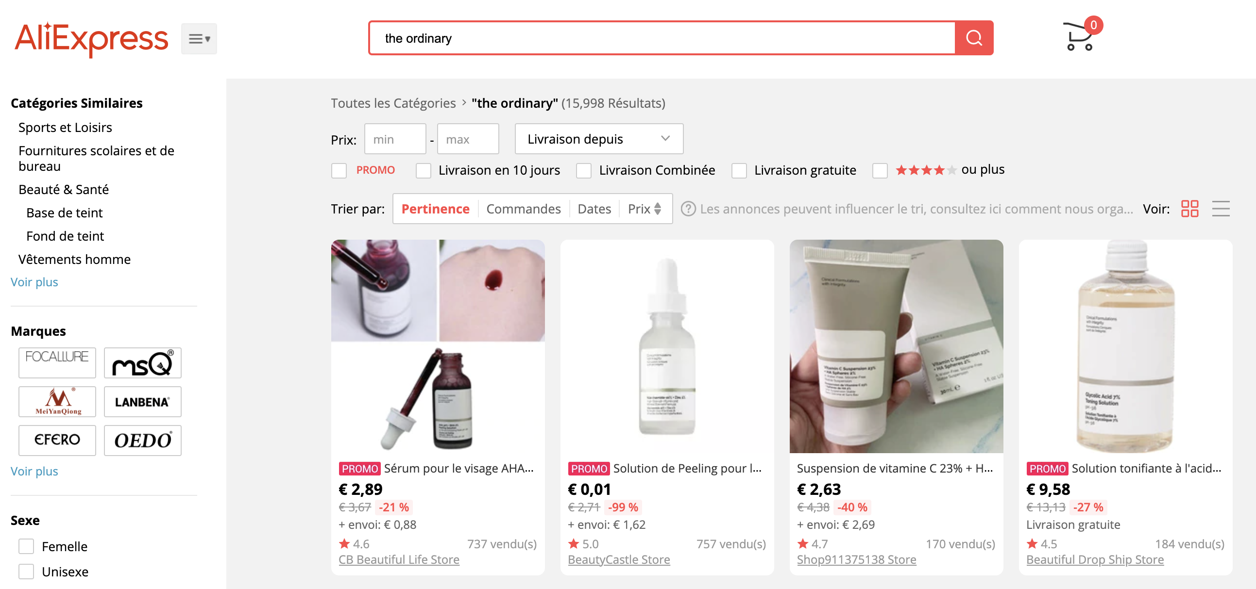 Faux produits The Ordinary sur aliexpress