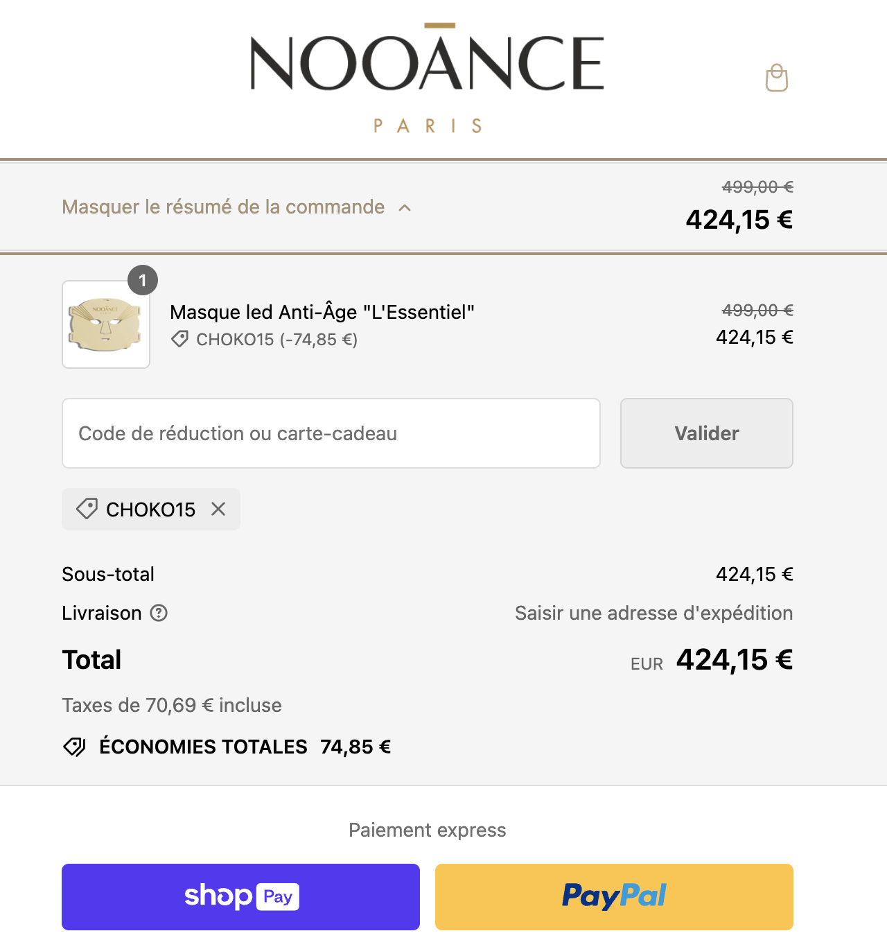 comment saisir son code promo nooance sur mobile